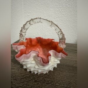 Vintage Hobnail Pink and White Cased Glass Basket Thorn Handle.